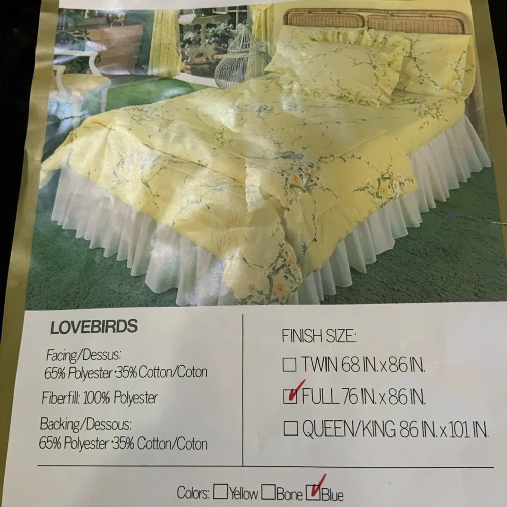 Vintage Springmaid Quilted Comforter Blue Love Birds 76 X 86 NOS USA